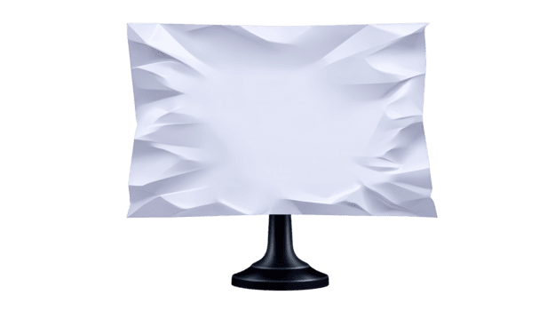 Crumpled white paper square on black stand, isolated on transparent background, modern abstract art object, minimalistic design, creative display, clean and simple style png