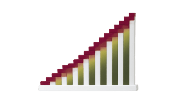 Colorful geometric bar chart with red yellow and green gradient bars isolated on transparency background representing growth progress and data analysis in modern minimal style png