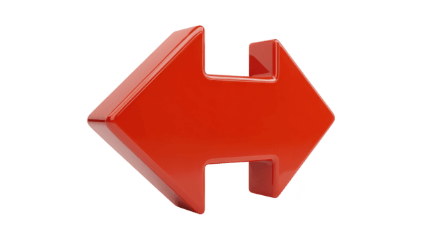 stor röd 3d vänster pil med glansig yta, isolerat på transparent bakgrund, symboliserar riktning, navigering, eller rörelse, lämplig för webb design eller presentation använda sig av png