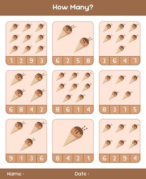 Count the number of ice creams. Educational mathematical game. Counting game for children. Kids activity sheet. Template for how many. vector