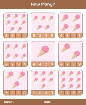 Count the number of ice creams. Educational mathematical game. Counting game for children. Kids activity sheet. Template for how many vector