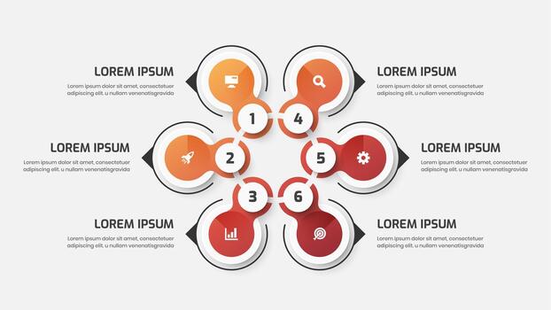 Business Central Circle, Infographic Presentation with Gradient Color, Line, Circle Label, 6 Numbers and Icon vector