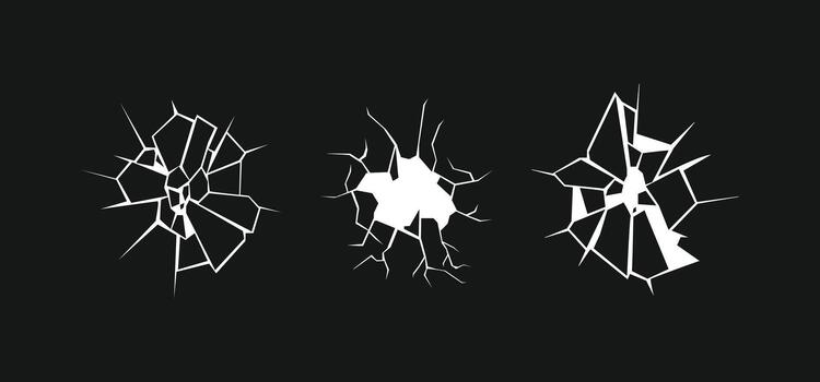 Cracked glass effect set. Realistic broken screen hole design element. Abstract shattered broken surface grunge texture elements. Destruction concept vector