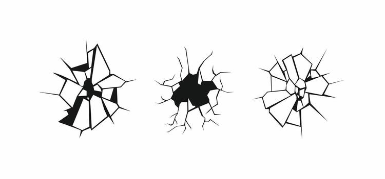 Glass crack set. Abstract broken screen, wall fracture, or ground shatter design elements collection. Simple and isolated vector