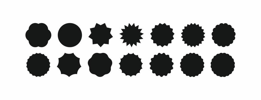 Black starburst stamp seal and labels set. Jagged sunburst badges, circle stickers, and rosette shape collection for design elements vector