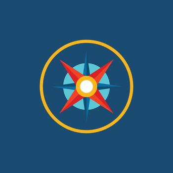 Simple yellow and blue compass icon with a sharp red directional pointer. Minimalist flat design for location, wayfinding, apps, and travel. Modern and clear GPS symbol vector
