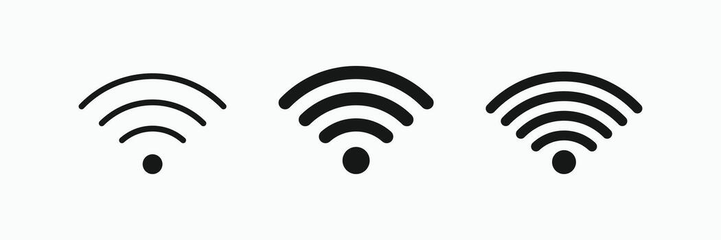 Black wireless connection icon set displaying full, medium, and low WiFi signal strength indicators for various digital interfaces vector