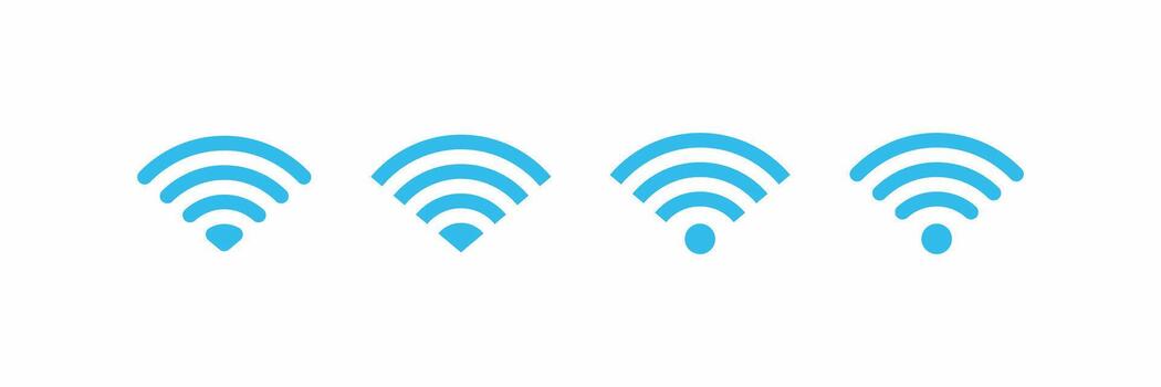 Complete pack of WiFi icons in blue and white. Includes outline and solid styles showing various signal strength for wireless internet network symbols. Ideal for apps and web design vector