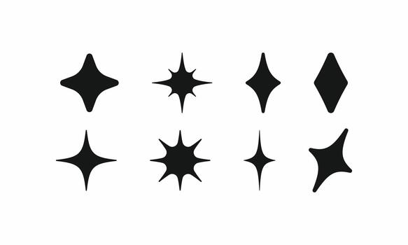 Collection of various twinkle, flash, and sparkle stars. Geometric shimmer light effect elements. Black sparkle stars set. Modern twinkle particle or flash effect collection vector
