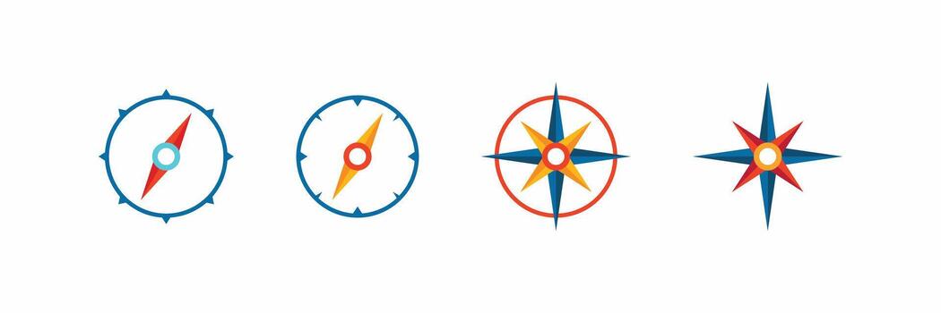 Vibrant collection of 8 flat style compass icons. Essential graphics for location apps, guidance, discovery, and adventure themes vector