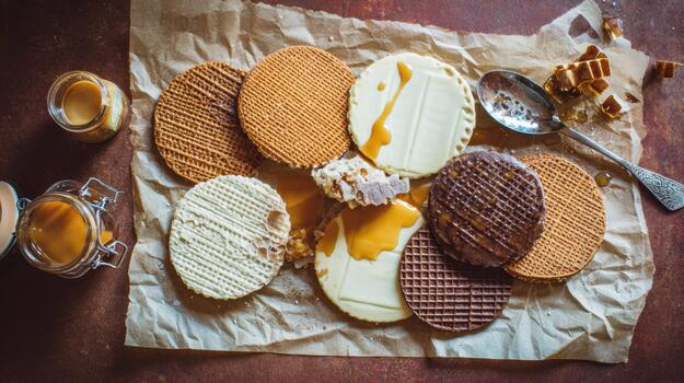 Dutch Stroopwafels with Caramel on Parchment Paper photo