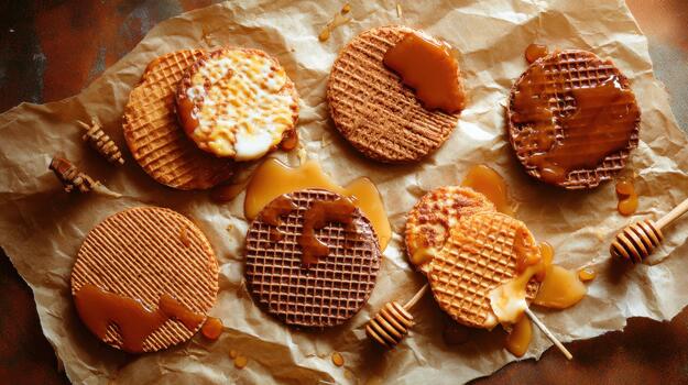 Caramel Stroopwafels with Honey Dipper on Parchment photo