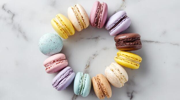 Colorful Macarons Arranged in Circle on Marble Surface. photo