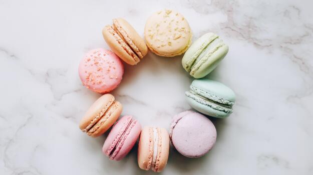 Colorful Macarons Arranged in Circle on Marble Surface photo