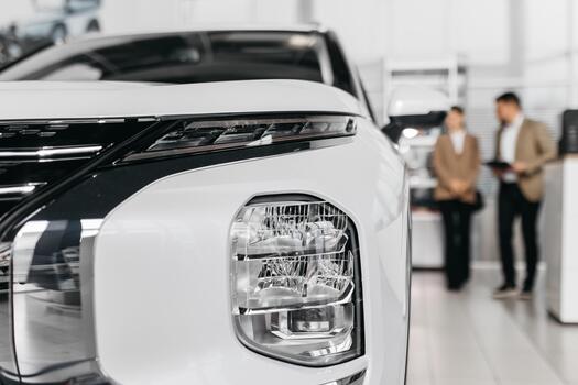 Close-up view of a modern white car's headlight, showcasing sleek design and advanced technology, with blurred figures of customers discussing in the background photo