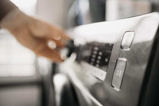 Close-up of a hand adjusting the settings on a modern washing machine control panel, showcasing sleek design and user-friendly interface for efficient laundry management photo