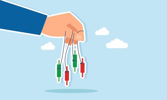 Finger connected to candlestick by a string showing influence of market makers on stock performance vector