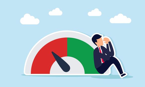 Businessman sitting sadly near level indicator pointing to red showing disappointment with unexpected business performance vector