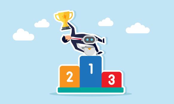 AI robot carrying a businessman holding a champion trophy on the winner podium illustration of smart use of AI to boost productivity in business projects vector