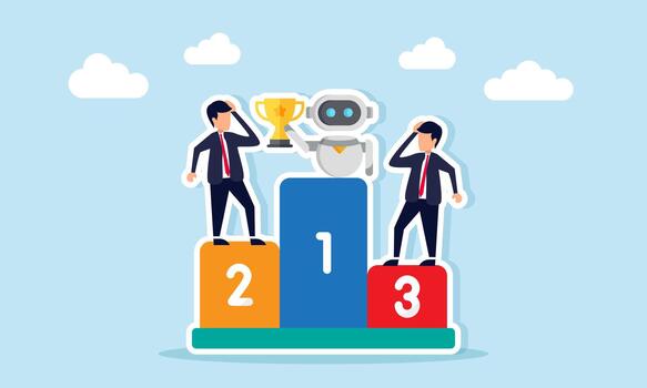 Businessmen losing the winner podium to an AI robot illustration of being defeated in efficiency and effectiveness in completing business projects vector