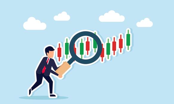 Businessman examining a candlestick chart with magnifying glass showing stock performance analysis vector