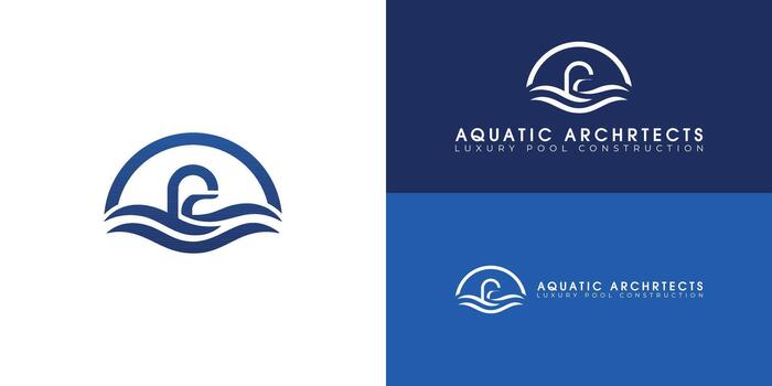 The simple and elegant blue logo features an arched pool surrounded by flowing waves of water. The central abstract shape symbolizes luxury custom construction for high-end homeowners. vector