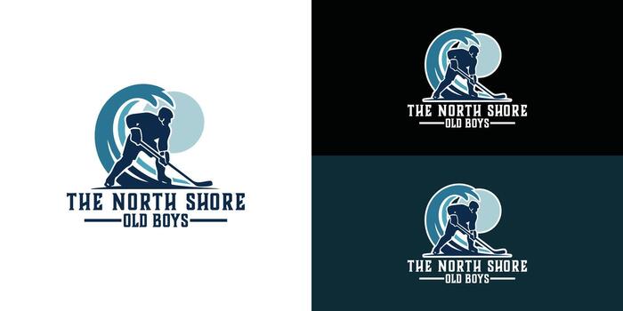 The central silhouette of a hockey player holding a stick is set against a large, dynamic, curling wave and a circular shape. This blend of a sports figure and a surf motif creates an overall form. vector