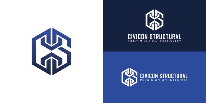 A bold monogram is set within a sleek, hexagonal frame. Intertwining geometric lines form an abstract yet sturdy figure, conveying high-end engineering and specialized construction techniques. vector