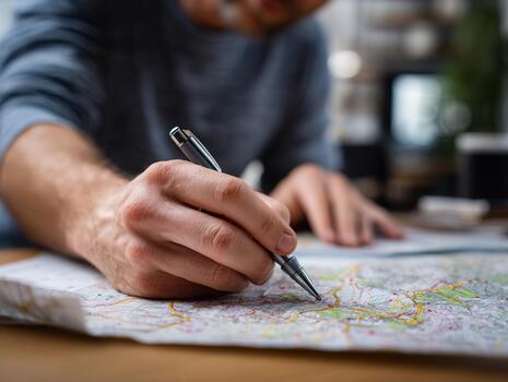 Coordinator marks specific locations on a paper map while preparing for an upcoming event in a busy office environment photo