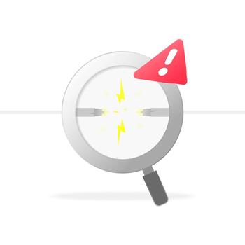 illustration of magnifying glass with broken cable. connection failure, system error, network downtime, malfunction, or technical problem. modern design for IT support, cybersecurity alerts, trouble vector