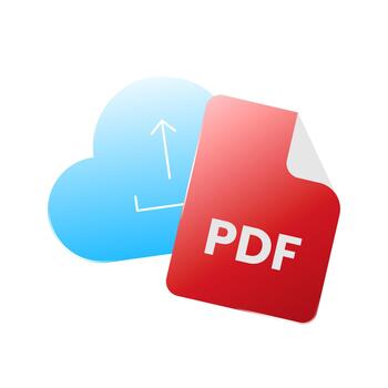 illustration featuring a PDF document icon with a cloud and upward arrow symbol, representing uploading, cloud storage, file sharing, online data transfer, and digital document management vector