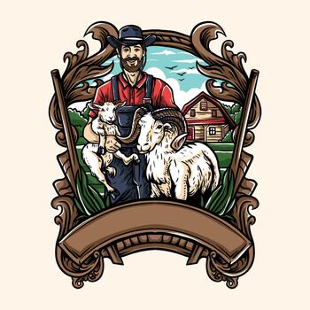 Farmer with sheep and goat in frame with farmhouse background vector