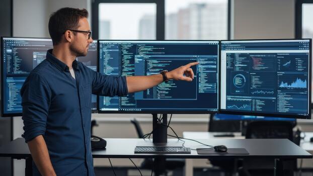 A man pointing at a computer screen with multiple monitors photo