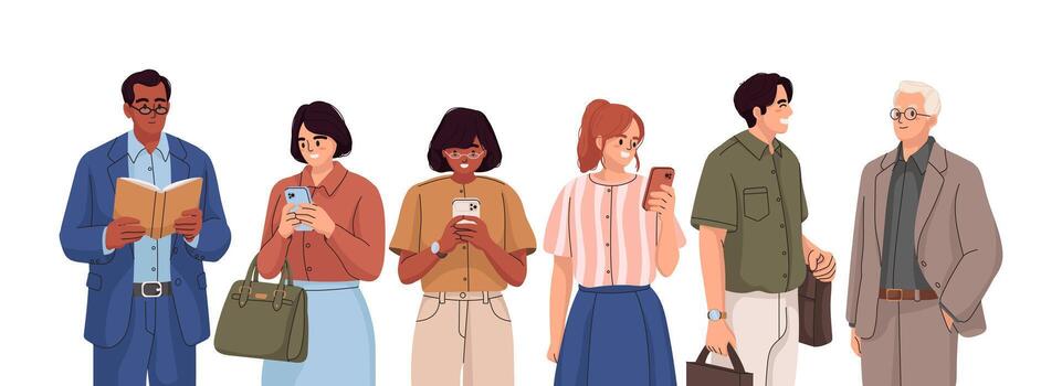 Group of people using devices and reading vector
