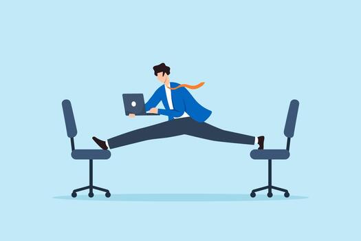 Flat illustration of businessman doing split between office chairs while working on laptop symbolizing flexibility and multitasking vector