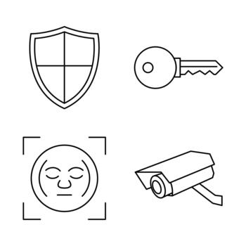 datos la seguridad proteger, llave, facial escanear, cctv íconos eps, digital seguridad soluciones y datos proteccion efectos visuales, salvaguardar información vector