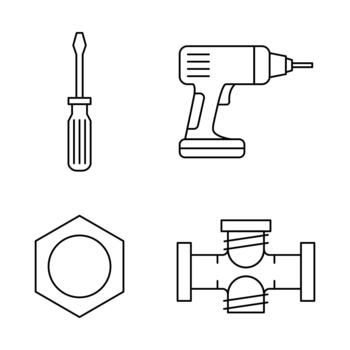 Construction Tools EPS Detailed Line Art of Screwdriver, Drill, Nut, and Pipe Fitting for Building Projects and DIY Enthusiasts vector