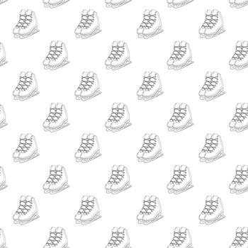 Seamless winter pattern of black-and-white ice skates arranged diagonally on a white background. Simple line art style. Clean and minimal design for seasonal decor,textiles, or skating-themed projects vector