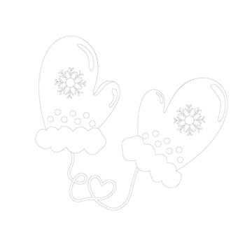 Two winter mittens connected by a string forming a heart shape. Each mitten features a snowflake and dotted detail. Fluffy cuffs and monochrome line art evoke warmth and seasonal charm vector