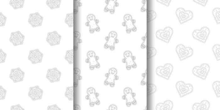 conjunto de Tres sin costura fiesta Galleta patrones en monocromo línea Arte izquierda copo de nieve galletas con Formación de hielo detalles centrar pan de jengibre hombres con sonriente caras Derecha corazón conformado galletas con punteado Formación de hielo vector