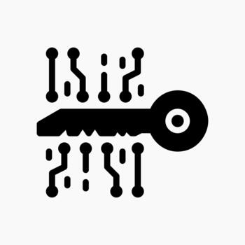 Encrypted Key icon in glyph style, symbolizing digital authorization, encryption control, and secure system access. vector