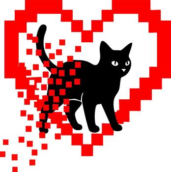 Digital black cat illustration in pixelated red heart frame. vector