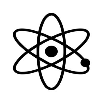 Simple hand drawn black outline illustration of an atom symbol with nucleus and orbiting electron on a transparent background for science and education concepts vector