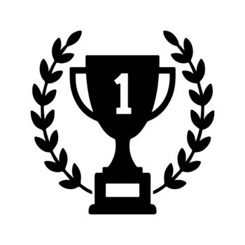 Black silhouette of a first place trophy with the number one prominently displayed encircled by a laurel wreath on a transparent background vector