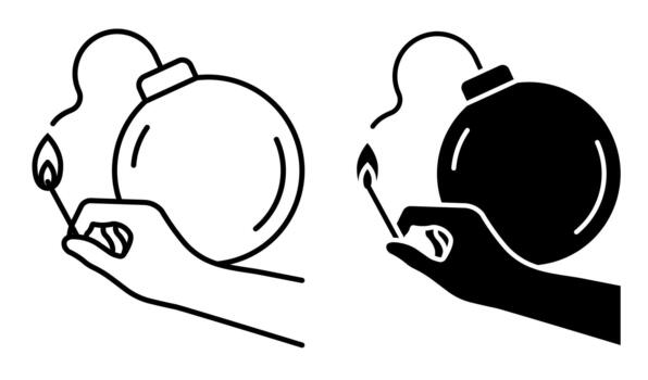 Linear icon, hand with match lights fuse of bomb. Incitement to conflict, provocation to enmity. Simple black and white vecto isolated on white background vector