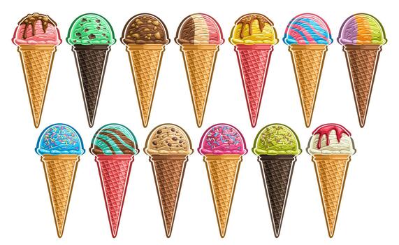 Different cones of Ice Cream on white background vector
