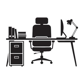 Simple office workspace featuring a desk chair lamp and filing system vector