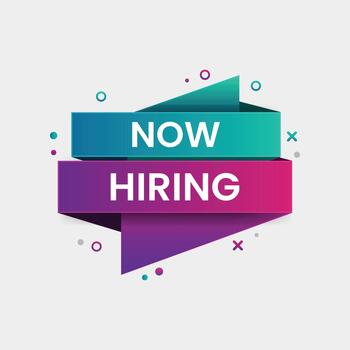Now hiring banner with colorful gradient ribbon and confetti vector