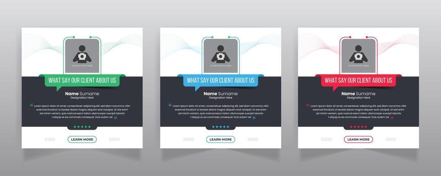 Three social media post templates with user profile icon and text box vector