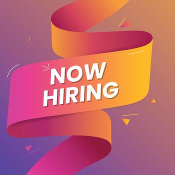 Vibrant ribbon banner with now hiring text on gradient background vector